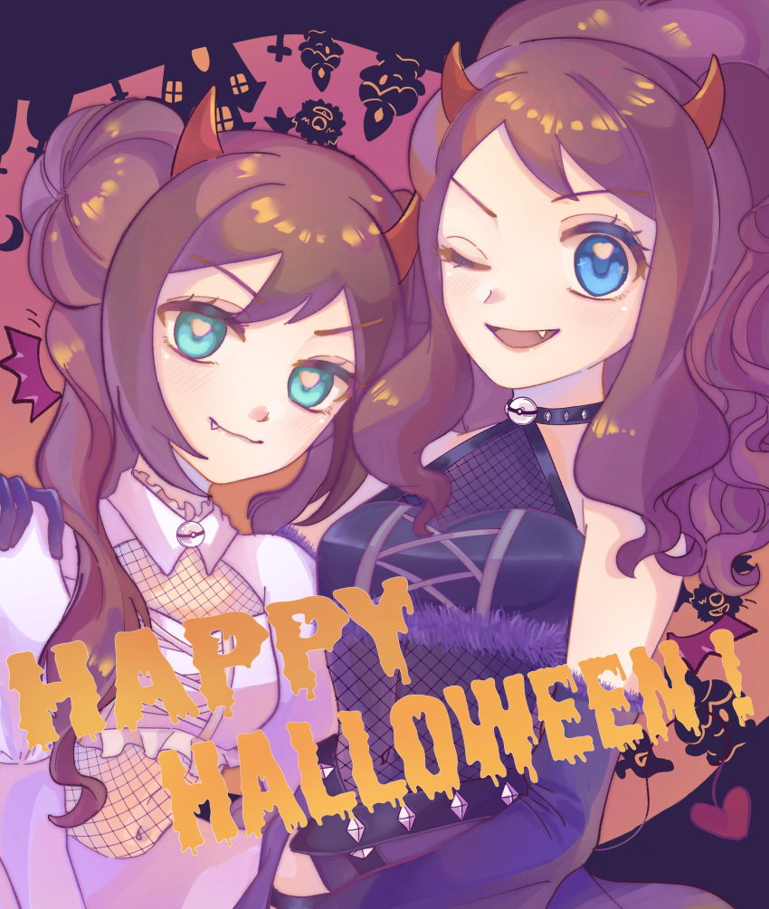 2girls ;d absurdres alternate_costume blue_eyes brown_hair choker closed_mouth double_bun elbow_gloves eyelashes fake_horns fang fang_out fishnets gloves green_eyes hair_bun halloween hand_on_another's_shoulder happy_halloween heart heart-shaped_pupils high_ponytail highres hilda_(pokemon) horns mixed-language_commentary multiple_girls one_eye_closed open_mouth poke_ball_print pokemon pokemon_(game) pokemon_bw pokemon_bw2 rosa_(pokemon) ryusa_(gjgd7445) sidelocks smile symbol-shaped_pupils tongue