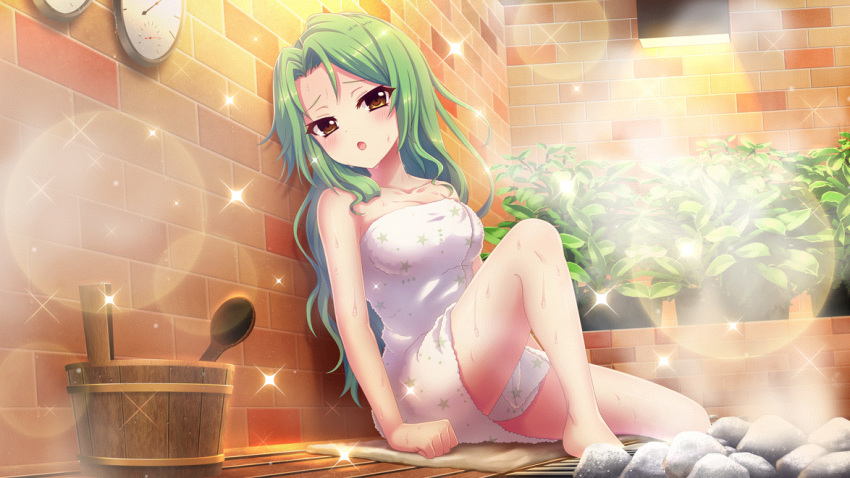 1girl breasts brick_wall bucket cleavage collarbone dot_nose film_grain game_cg gauge green_hair hair_down hot indoors izumi_tsubasu large_breasts lens_flare long_hair looking_at_viewer naked_towel non-web_source official_art open_mouth plant print_towel re:stage! reclining rock sauna shirokita_kuroha sitting solo sparkle star_(symbol) star_print steam sweat towel very_sweaty white_towel yellow_eyes