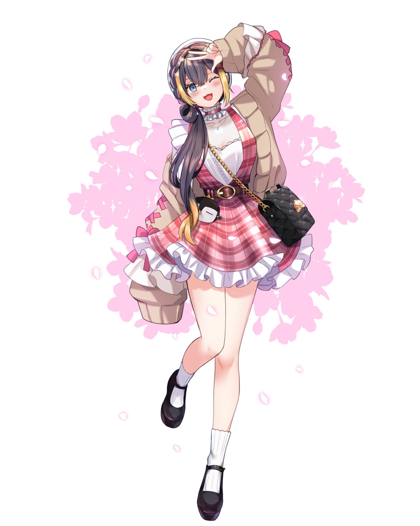 1girl ;d absurdres bag belt black_bag black_footwear blonde_hair blush brown_belt brown_cardigan brown_hair cardigan dress frilled_sleeves frills front_ponytail full_body highres jewelry long_hair mary_janes multicolored_hair necklace nijisanji nijisanji_en official_alternate_costume one_eye_closed petra_gurin petra_gurin_(3rd_costume) plaid plaid_dress riallian shoes shoulder_bag smile socks solo streaked_hair v virtual_youtuber white_socks