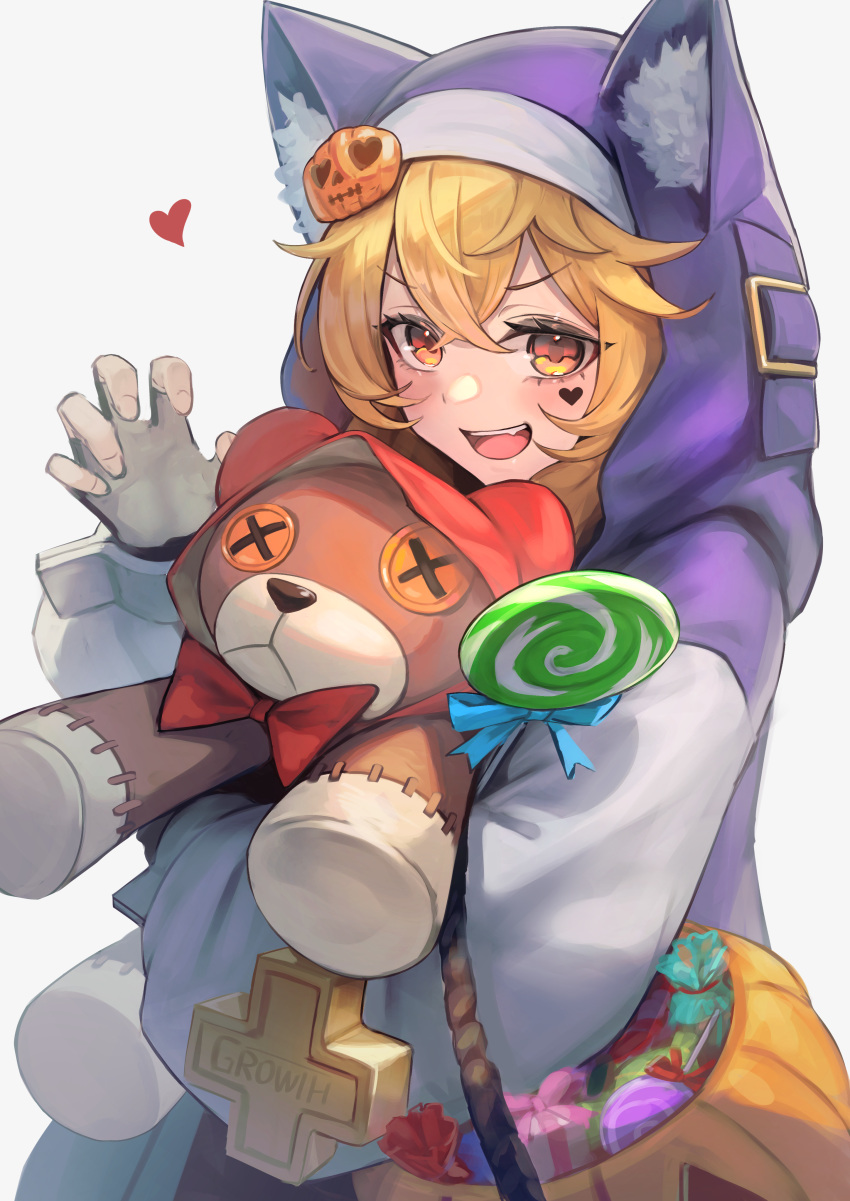 1boy absurdres animal_ear_fluff animal_ear_headwear basket blonde_hair box bridget_(guilty_gear) candy claw_pose commentary_request food gift gift_box guilty_gear guilty_gear_strive hair_ornament hakusyokuto halloween heart heart_sticker highres holding holding_basket hood hooded_jacket hugging_object jack-o'-lantern jack-o'-lantern_hair_ornament jacket lollipop long_sleeves looking_at_viewer male_focus open_mouth orange_eyes otoko_no_ko purple_jacket roger_(guilty_gear) simple_background smile solo sticker_on_face stuffed_animal stuffed_toy swirl_lollipop tareme teddy_bear upper_body v-shaped_eyebrows white_background