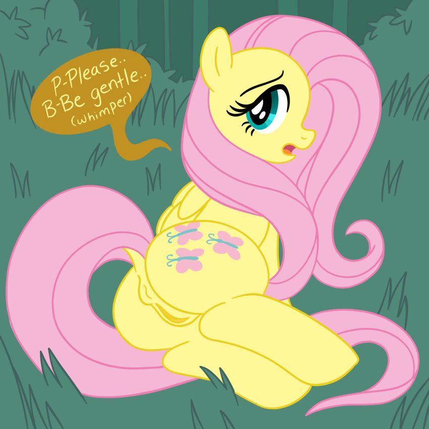 1:1 anus butt cutie_mark dialogue digital_media_(artwork) dock english_text equid equine eyelashes female feral fluttershy_(mlp) folded_wings friendship_is_magic genitals grass green_eyes hair hasbro hi_res long_hair long_tail looking_back mammal mediocre_maw my_little_pony open_mouth pegasus pink_hair pink_tail plant pussy tail text wings yellow_body