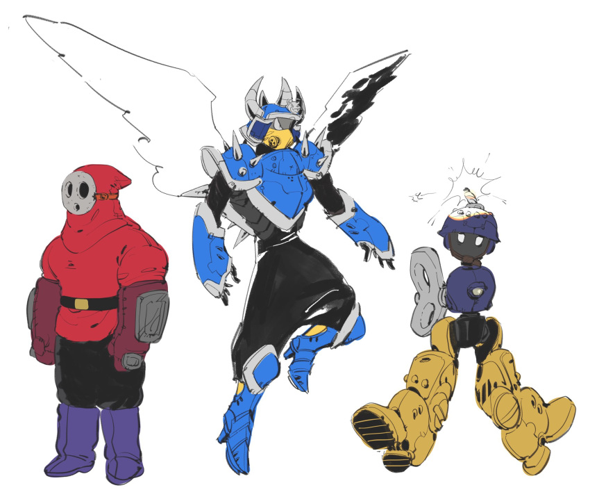 3others angry armor blue_shell_(mario) bob-omb boots full_body fuse gas_mask helmet high_heel_boots high_heels highres koopa_paratroopa mario_(series) mask multiple_others sakakikaga shy_guy simple_background white_background winding_key wings