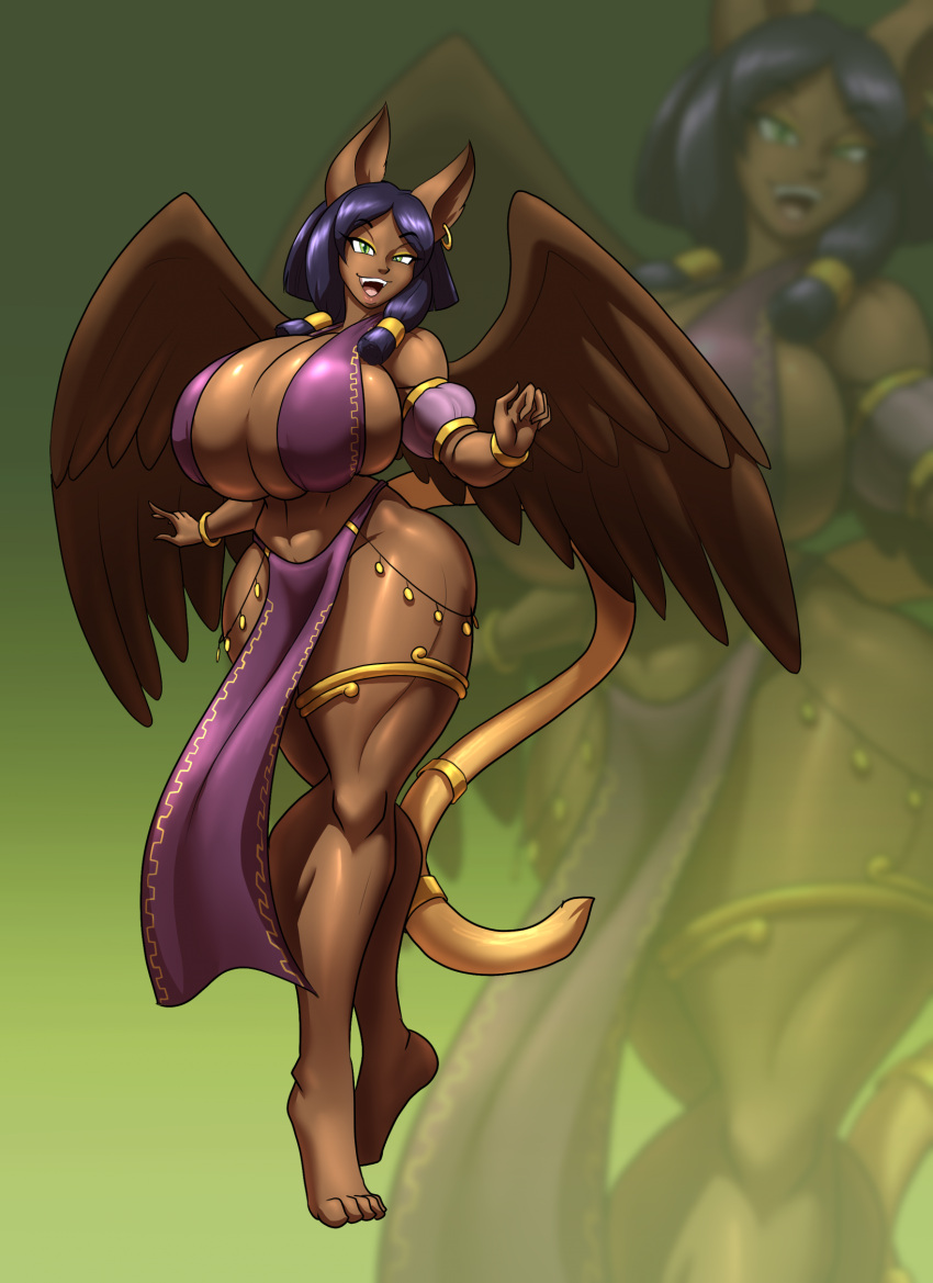 accessory anthro big_breasts black_hair bottomwear breasts brown_body brown_fur cleavage clothed clothing ear_piercing ear_ring felid female fur furgonomics green_eyes hair hi_res huge_breasts jewelry loincloth looking_at_viewer mammal medium_hair midriff mythological_sphinx mythology open_mouth piercing pupils ring ring_piercing sharp_teeth side_boob slit_pupils solo standing tail tail_accessory tail_jewelry tail_ring teeth thighlet toughset wings