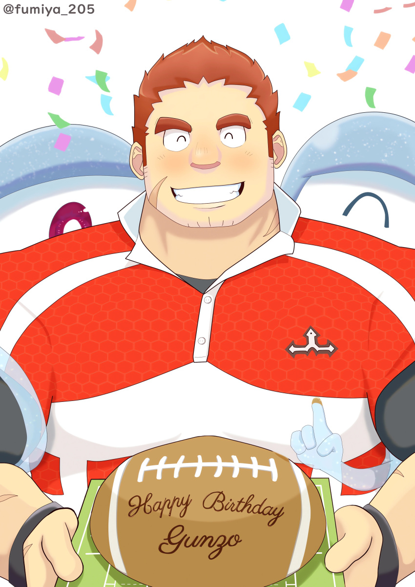 1boy ^_^ absurdres bara blush brown_hair cake closed_eyes confetti facial_hair facing_viewer food fumiya_205 goatee goatee_stubble highres holding holding_cake holding_food large_pectorals male_focus muscular muscular_male pectorals red_shirt rugby_uniform scar scar_on_cheek scar_on_face shirt short_hair sideburns solo sportswear stubble tamamura_gunzo thick_eyebrows tokyo_afterschool_summoners upper_body