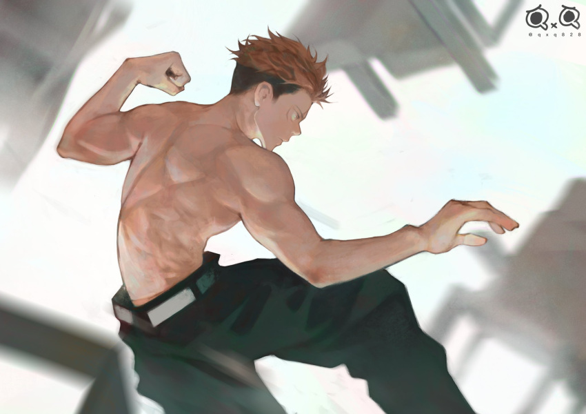 1boy back black_pants blurry blurry_background facing_to_the_side fighting_stance highres itadori_yuuji jujutsu_kaisen looking_to_the_side male_focus muscular muscular_male pants pink_hair qxq_illus scar scar_on_face solo topless_male undercut