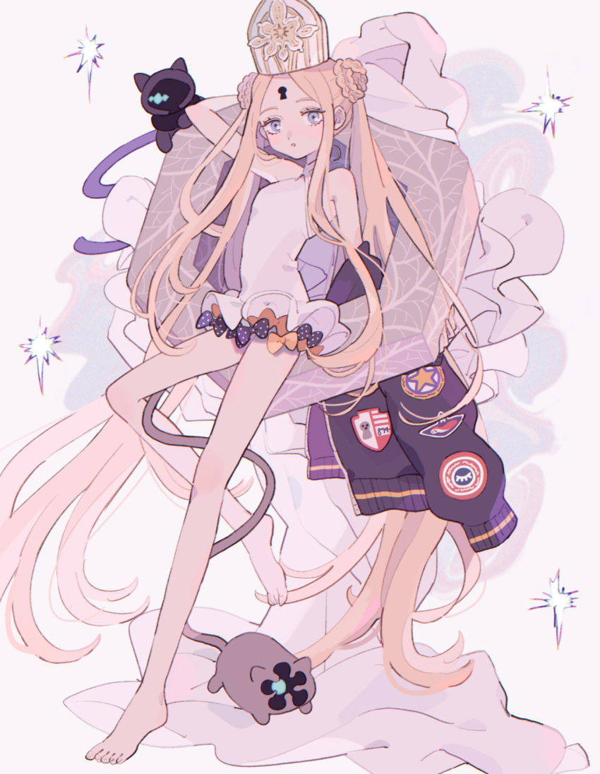 1girl abigail_williams_(fate) abigail_williams_(swimsuit_foreigner)_(fate) abigail_williams_(swimsuit_foreigner)_(second_ascension)_(fate) bare_shoulders barefoot black_bow black_cat blonde_hair blue_eyes blush bow braid braided_bun cat double_bun dress_swimsuit fate/grand_order fate_(series) full_body hair_bun hat highres jacket jacket_removed keyhole long_hair looking_at_viewer mitre one-piece_swimsuit orange_bow parted_bangs parted_lips rolumu solo swimsuit twintails very_long_hair white_one-piece_swimsuit