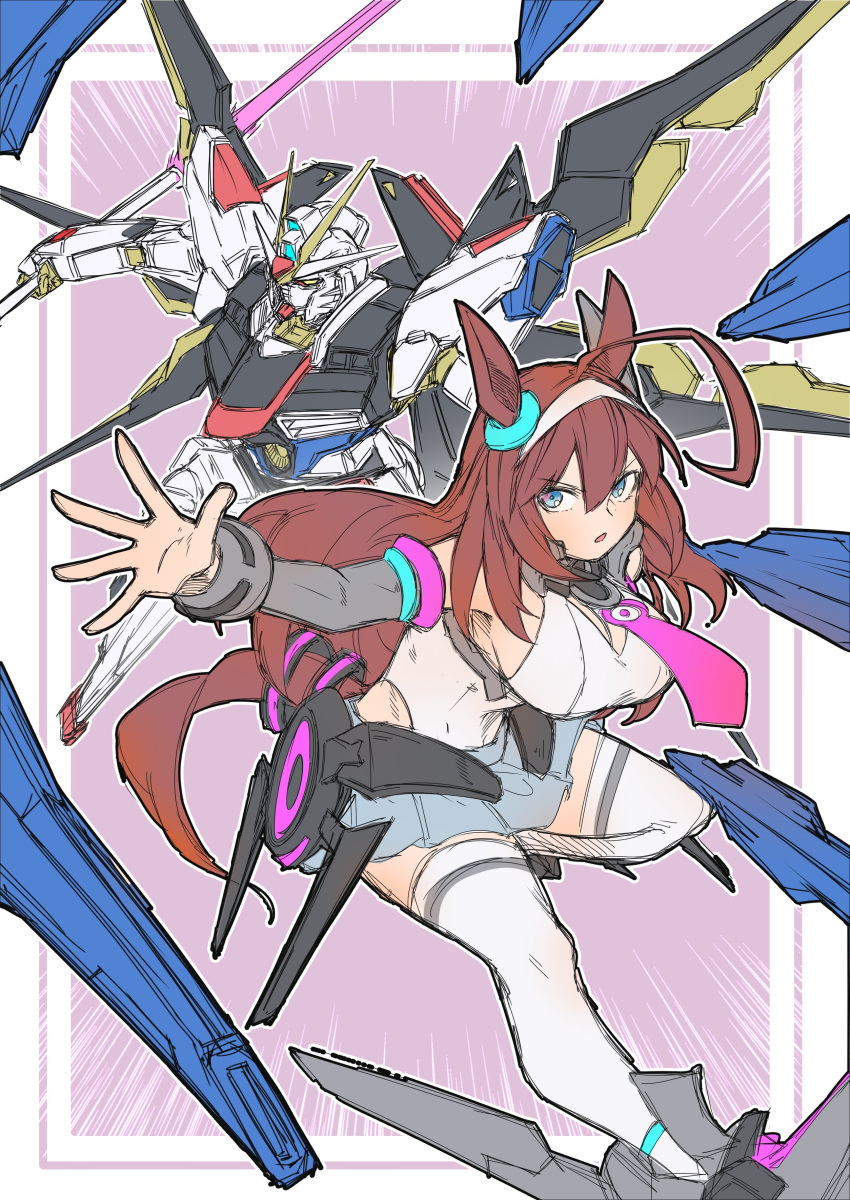 1girl absurdres ahoge animal_ears breasts brown_hair detached_sleeves grey_hairband grey_skirt gundam gundam_seed hairband highres horse_ears horse_girl horse_tail large_breasts long_hair looking_at_viewer maromaron_taitei mecha_musume mihono_bourbon_(umamusume) miniskirt necktie one-hour_drawing_challenge pink_necktie sideboob skirt solo strike_freedom_gundam tail thighhighs umamusume white_thighhighs