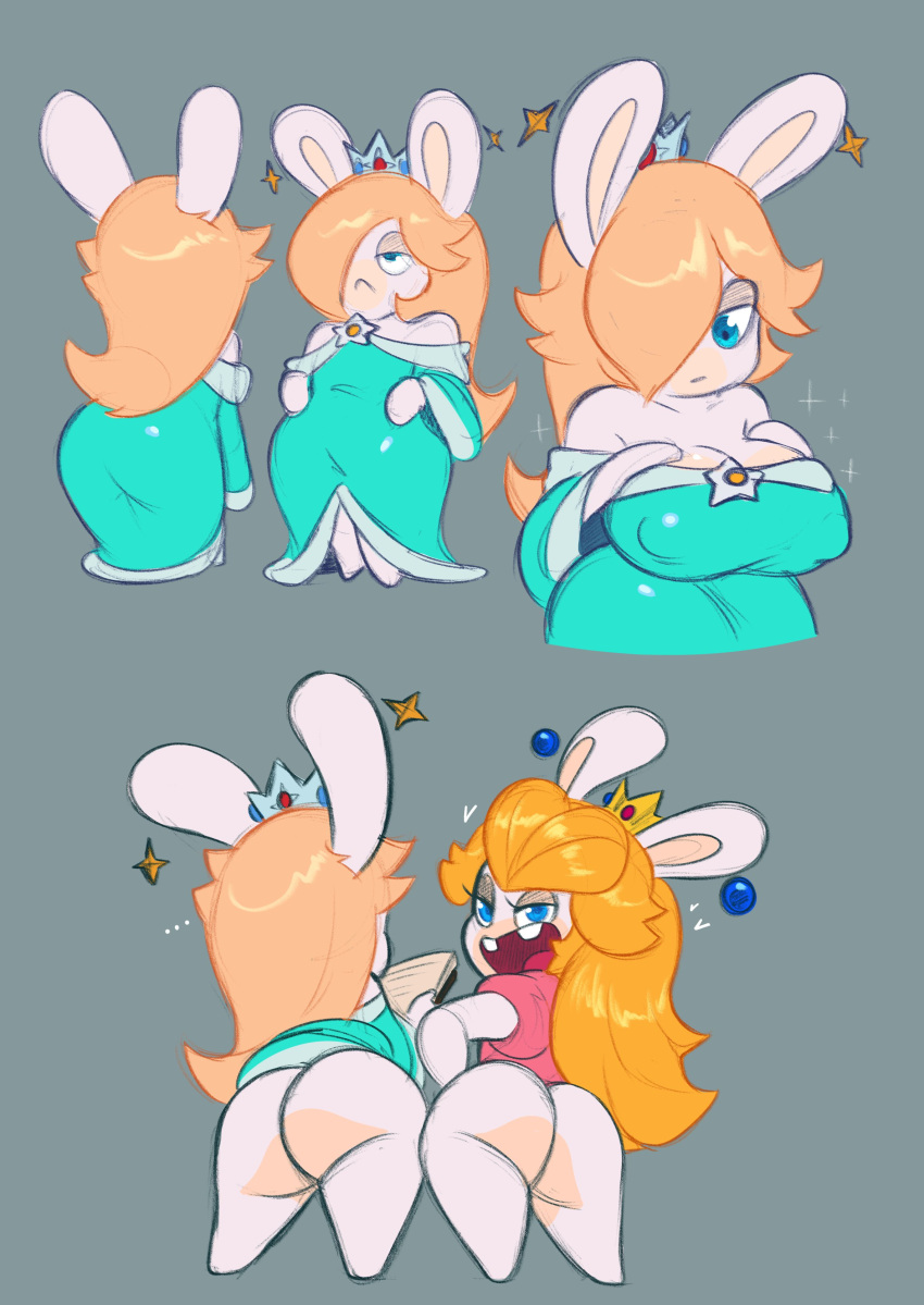 2girls :&lt; absurdres animal_ears ass blonde_hair blue_eyes breasts buck_teeth covered_nipples crown dress furry furry_female hair_over_one_eye highres huge_ass large_breasts mario_(series) mario_+_rabbids_sparks_of_hope mawile123 mini_crown multiple_girls rabbid_peach rabbid_rosalina rabbit_ears raving_rabbids rayman_(series) shortstack simple_background teeth thick_thighs thighs