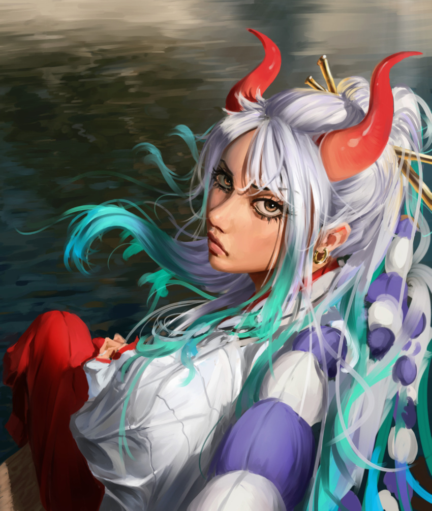 1girl absurdres aqua_hair closed_mouth earrings grey_hair hair_ornament hair_stick high_ponytail highres hoop_earrings horns jewelry long_hair long_sleeves looking_back maassi_(maa2sii) multicolored_hair multicolored_horns one_piece oni oni_horns ponytail red_skirt rope shimenawa sitting skirt solo yamato_(one_piece) yellow_eyes