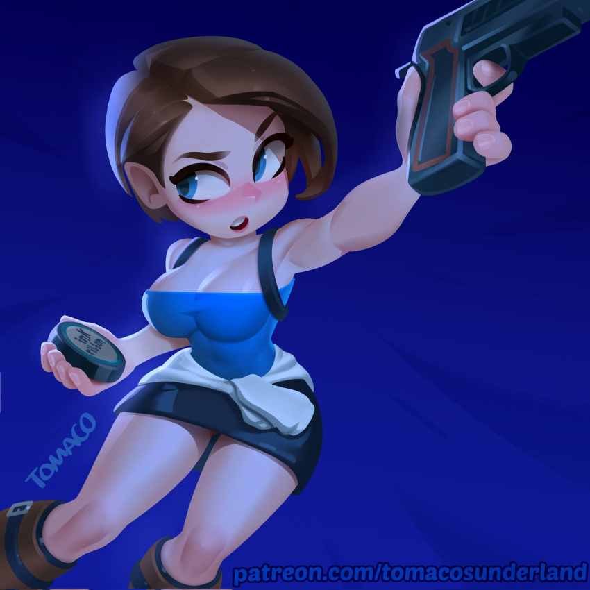 1girl black_skirt blue_background blue_eyes blush breasts brown_hair cleavage clothes_around_waist commentary covered_navel english_commentary finger_on_trigger gun handgun highres holding holding_gun holding_weapon jill_valentine large_breasts miniskirt open_mouth raised_eyebrow resident_evil resident_evil_3:_nemesis short_hair signature skirt solo strapless sweater sweater_around_waist tomaco_sunderland tube_top weapon web_address