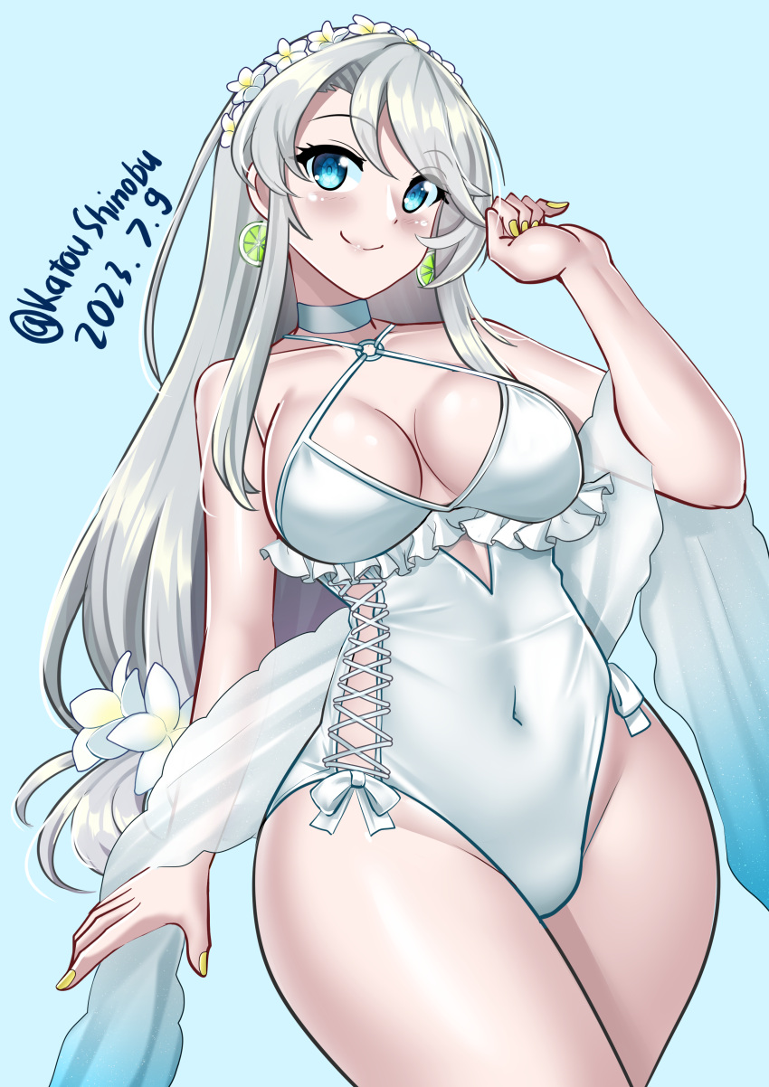 1girl absurdres asymmetrical_bangs blue_eyes breasts casual_one-piece_swimsuit choker criss-cross_halter dated flower frilled_one-piece_swimsuit frills grey_hair hair_flower hair_ornament hairband halterneck highleg highleg_swimsuit highres kantai_collection katou_shinobu long_hair medium_breasts official_alternate_costume one-hour_drawing_challenge one-piece_swimsuit sagiri_(kancolle) shawl side-tie_swimsuit solo swept_bangs swimsuit twitter_username white_choker white_one-piece_swimsuit white_shawl wide_hips