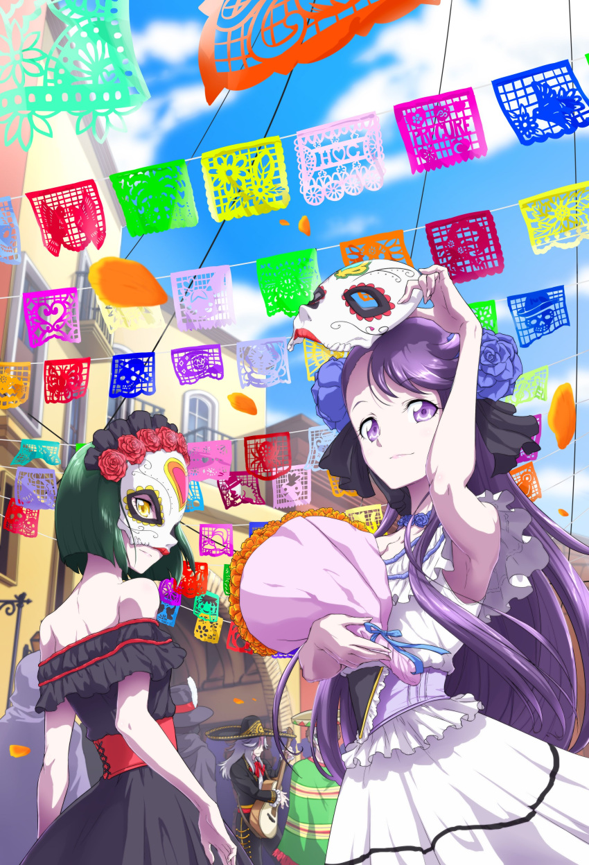 2girls absurdres bare_shoulders black_dress bouquet carnival carnival_mask cloud commentary_request cure_moonlight dark_precure dress eyelashes flower green_hair guitar hair_flower hair_ornament happy heartcatch_precure! highres holding holding_bouquet instrument long_hair looking_at_viewer mask matatabi_(karukan222) multiple_girls precure purple_eyes purple_hair ribbon short_hair sky smile standing tsukikage_yuri yellow_eyes