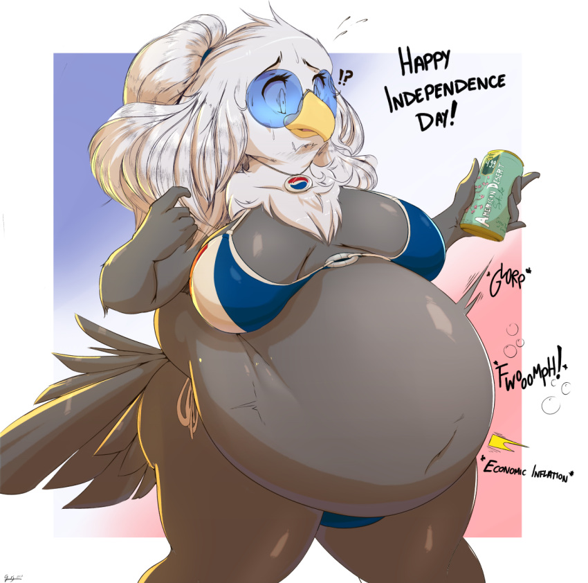 2022 4th_of_july ?! accipitrid accipitriform anthro arizona_iced_tea avian bald_eagle belly beverage beverage_can big_belly big_breasts big_butt bird breasts butt eagle economics eyewear female garuda_six glasses grey_body huge_breasts huge_thighs miss_america_(garuda_six) navel sea_eagle side_boob signature soda solo sound_effects standing surprise tail text thick_thighs white_body