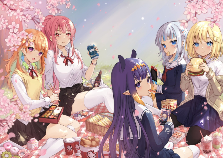 5girls :d alternate_costume aqua_hair basket bento black_pantyhose black_skirt blonde_hair blue_eyes blue_skirt blunt_bangs bottle can cellphone cherry_blossoms chicken_leg chips_(food) chopsticks commentary cup dango day disposable_cup doughnut eating english_commentary flower food food_in_mouth french_fries gawr_gura gradient_hair hair_ornament hairclip hanami holding holding_can holocouncil hololive hololive_english kfp kneehighs long_hair long_sleeves looking_at_viewer mole mole_under_eye mori_calliope multicolored_hair multiple_girls neck_ribbon ninomae_ina'nis nintendo_switch open_mouth orange_hair outdoors pantyhose petals phone pleated_skirt pointy_ears ponytail potato_chips purple_eyes purple_hair red_eyes red_ribbon ribbon sandwich shirt short_hair sidelocks sitting skirt smartphone smile socks strawberry_milk takanashi_kiara ten-chan_(eternal_s) thighhighs two-tone_hair two_side_up vest virtual_youtuber wagashi watson_amelia white_hair white_shirt white_socks white_thighhighs wing_collar yellow_vest