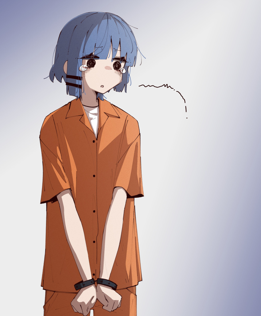 1girl @_@ absurdres bags_under_eyes blue_hair bocchi_the_rock! commentary cowboy_shot crying cuffs english_commentary gradient_background hair_ornament hairclip handcuffs highres machuuu68 medium_hair negative_space orange_pants orange_shirt pants partially_unbuttoned prison_clothes scribble shirt short_sleeves sidelighting sidelocks simple_background solo teardrop white_background white_shirt yamada_ryou
