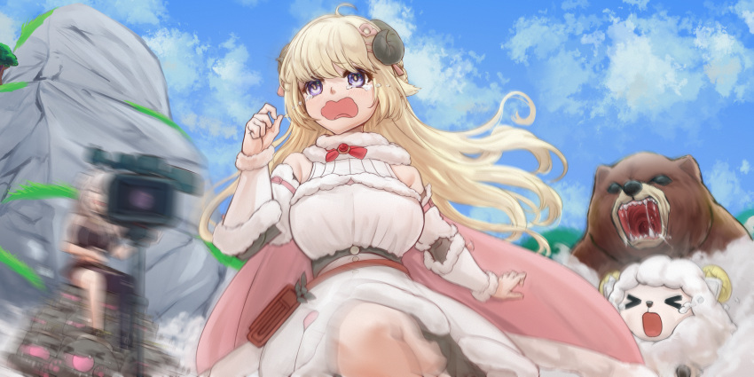 &gt;_&lt; 2girls :o absurdres ahoge animal animal_ears bbyau_(yoyosobadgril) bear blonde_hair blue_eyes blue_sky breasts cape cloud commentary crying crying_with_eyes_open day fleeing fur_collar fur_trim hair_ornament hairclip highres hololive hololive_alternative horns large_breasts long_hair motion_blur movie_camera multiple_girls outdoors pink_cape rock running sheep sheep_ears sheep_girl sheep_horns shishiro_botan sky ssrb_(shishiro_botan) tears tsunomaki_watame virtual_youtuber wavy_mouth