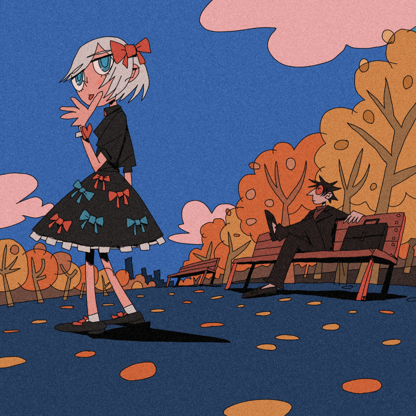 1boy 1girl absurdres autumn bench black_dress black_footwear black_hair black_jacket black_pants black_suit blue_border blue_eyes border bow briefcase cloud crossed_legs day dress dress_bow film_grain flat_color formal frilled_dress frills from_behind glasses grey_hair hair_bow heart highres jacket looking_at_viewer looking_back nyr50ml original outdoors pants park park_bench red_bow shoes short_hair short_sleeves sitting socks standing suit swept_bangs tongue tongue_out tree white_socks wide_shot