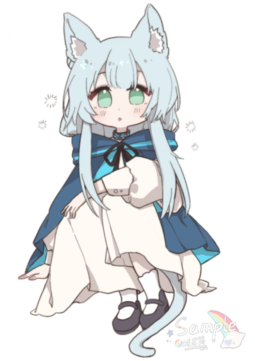 1girl animal_ear_fluff animal_ears arknights black_collar black_footwear blue_coat blue_hair blush cat_ears cat_girl cat_tail cheng_junyun chinese_commentary coat collar commentary_request dress full_body green_eyes highres infection_monitor_(arknights) long_sleeves mary_janes parted_lips puffy_long_sleeves puffy_sleeves rosmontis_(arknights) shoes simple_background sitting socks solo tail white_background white_dress white_socks