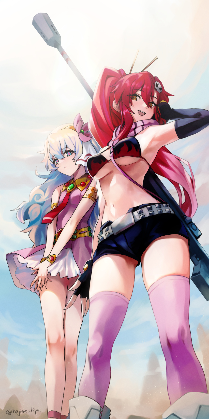 2girls absurdres anti-materiel_rifle bare_shoulders belt bikini bikini_top_only blue_eyes blue_hair blush breasts cleavage curly_hair flame_print gloves gun hair_ornament hair_stick highres kiya_hajime large_breasts light_blue_hair long_hair looking_at_viewer multicolored_hair multiple_girls navel nia_teppelin no_shirt open_mouth pink_scarf pink_thighhighs ponytail red_hair rifle scarf short_shorts shorts sidelocks skirt skull_hair_ornament small_breasts smile sniper_rifle studded_belt swimsuit symbol-shaped_pupils tengen_toppa_gurren_lagann thighhighs thighs two-tone_hair weapon yellow_eyes yoko_littner