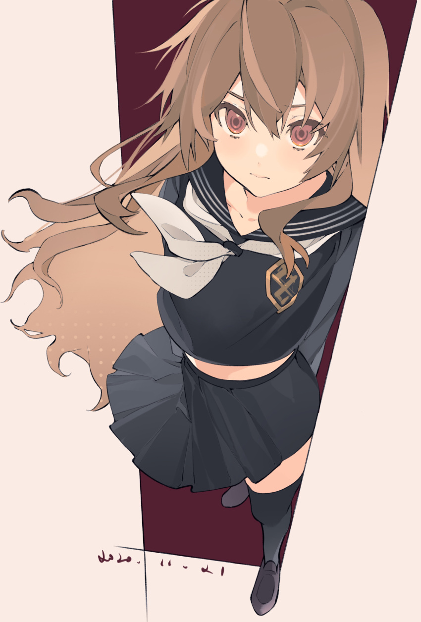 1girl 3: absurdres aisaka_taiga arms_behind_back black_sailor_collar black_serafuku black_shirt black_skirt black_thighhighs blush brown_hair closed_mouth colored_eyelashes commentary eyebrows_hidden_by_hair floating_clothes floating_hair foreshortening from_above frown full_body hair_between_eyes halftone highres loafers long_hair long_sleeves looking_at_viewer miniskirt neckerchief pleated_skirt red_background red_eyes sailor_collar school_uniform serafuku shirt shoes sidelocks simple_background skirt solo standing symbol-only_commentary thighhighs toradora! tuzaixia two-tone_background very_long_hair white_background white_neckerchief zettai_ryouiki