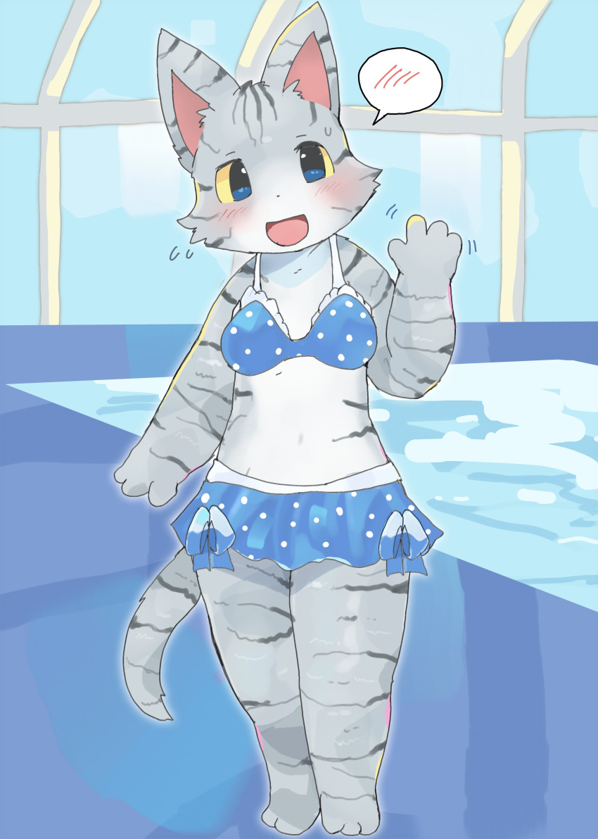 absurd_res after_transformation anthro blue_clothing clothing domestic_cat embarrassed felid feline felis female fur grey_body grey_fur hi_res mammal mocching_cat solo swimming_pool swimwear