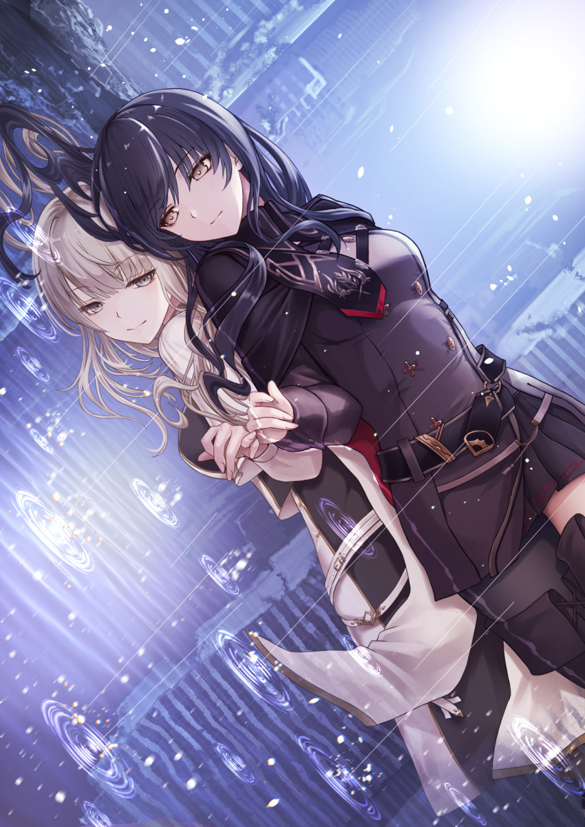 2girls back-to-back black_cape black_dress black_hair blonde_hair blunt_bangs breasts cape closed_mouth different_reflection dress dutch_angle grey_eyes hair_flowing_over hakuchou_(towa_tsugai) highres karasu_(towa_tsugai) kome_(okome-smile) long_hair long_sleeves looking_at_another medium_breasts multiple_girls outdoors pinky_swear rain reflection reflective_water side-by-side towa_tsugai yellow_eyes