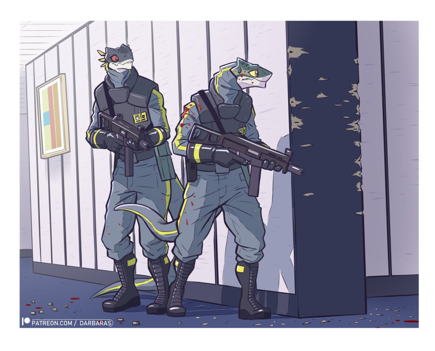 2023 ambiguous_gender anthro blood bodily_fluids clothed clothing colored darbaras duo frown gun hi_res lizard male patreon patreon_logo ranged_weapon reptile scalie scared shell_(projectile) submachine_gun text url weapon
