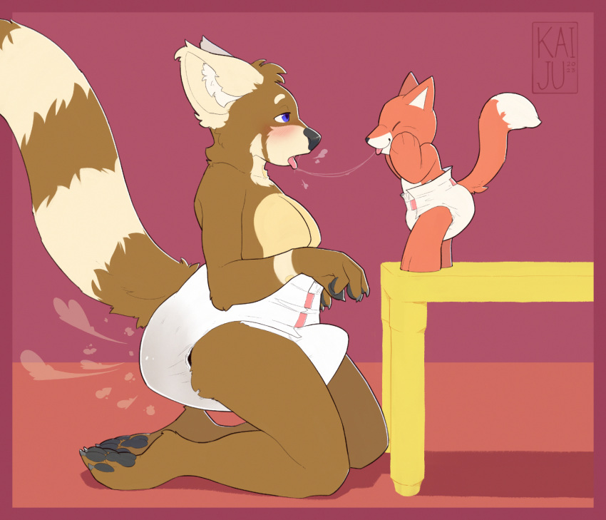 ailurid anthro bodily_fluids canid canine clothed clothing diaper diaper_only diaper_tent digital_media_(artwork) duo erection erection_in_diaper feces fox fur hair hi_res male mammal messing messing_diaper messy_diaper plushie pooping preschoolkaiju red_panda saliva saliva_string scat simple_background soiled_diaper soiling soiling_diaper tenting tongue tongue_out topless wearing_diaper