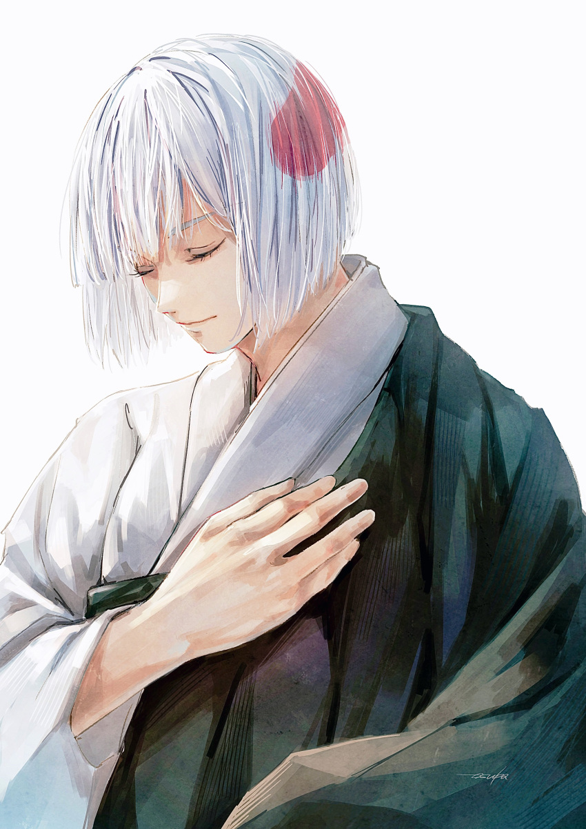 1other 28cg absurdres black_kimono closed_eyes closed_mouth hand_up highres japanese_clothes jujutsu_kaisen kimono long_sleeves multicolored_hair red_hair simple_background two-tone_hair two-tone_kimono upper_body uraume_(jujutsu_kaisen) white_background white_hair white_kimono
