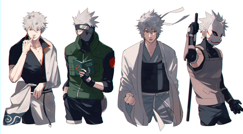 2boys asymmetrical_sleeves black_gloves black_shirt book clenched_hand closed_eyes closed_mouth collarbone crossover fingerless_gloves fox_mask gintama gloves green_vest hair_between_eyes hatake_kakashi headband highres holding holding_book holding_staff japanese_clothes mask mirin_(coene65) multiple_boys naruto naruto_(series) nose_picking one_eye_covered pectoral_cleavage pectorals sakata_gintoki shirt simple_background staff vest white_background white_headband