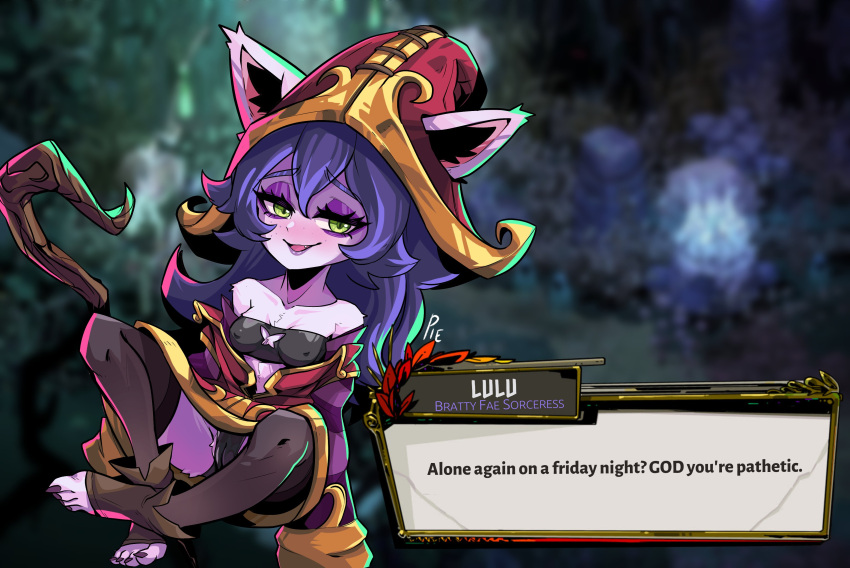 1girl :d absurdres alone_on_a_friday_night?_(meme) bare_shoulders black_nails black_thighhighs blurry blurry_background breasts cameltoe character_name collarbone covered_nipples detached_sleeves dress english_text green_eyes hair_between_eyes highres league_of_legends long_hair lulu_(league_of_legends) medium_breasts meme nail_polish open_mouth pointy_ears purple_hair red_dress red_headwear sitting smile solo staff striped_sleeves thighhighs toeless_legwear toenail_polish toenails unusualpie