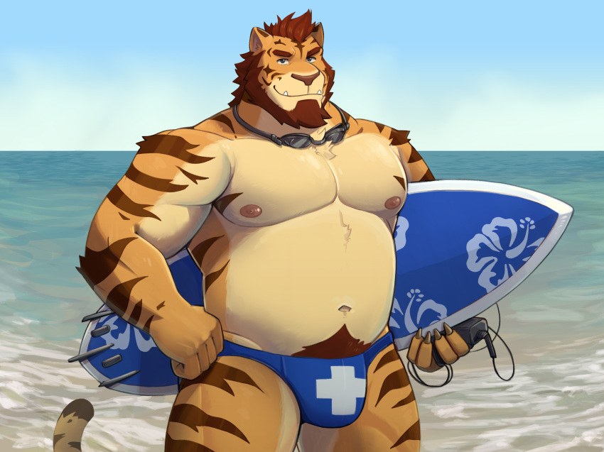 2023 after_class anthro beach belly blue_clothing blue_eyes blue_sky blue_speedo blue_swimwear bottle brown_hair clothed clothing container eyewear fur goggles hair hand_on_hip hi_res holding_bottle holding_container holding_object holding_surfboard lars_(after_class) looking_at_viewer lotion_bottle male musclegut muscular_thighs navel nipples orange_body orange_fur pecs plus_sign pubes sea seaside sky solo speedo speedo_only standing striped_body striped_fur stripes surfboard swimwear topless water zcdartz