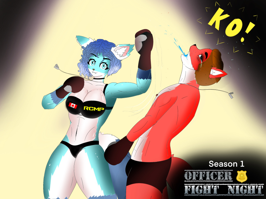 anthro battle blood bodily_fluids boxing canid canine community dominant dominant_female dominant_male female fight fighting_ring fox foxofficerboxing game_(disambiguation) hi_res male mammal night officer roleplay sport wrestling