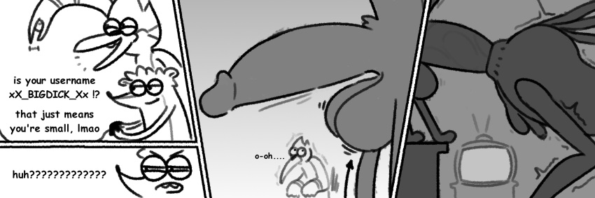 2023 anal anal_tugging anthro avian balls big_balls big_penis bird black_and_white blue_jay cartoon_network comic controller corvid dialogue duo feathers from_behind_position fur game_controller genitals height_assist hi_res huge_balls huge_penis humanoid_genitalia humanoid_penis instant_loss_2koma jay_(bird) male male/male mammal monochrome mordecai_(regular_show) new_world_jay oscine passerine penis procyonid raccoon regular_show revealing_penis rigby_(regular_show) scared sex shaking size_difference sketch small_dom_big_sub small_penis small_top_big_bottom standing standing_doggystyle standing_sex tail tail_feathers television text wtperv