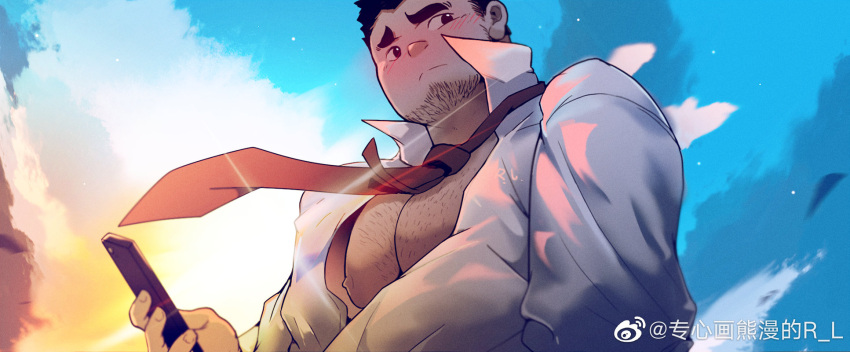 1boy bara bare_pectorals beard_stubble blush chest_hair collared_shirt from_below furrowed_brow highres holding holding_phone large_pectorals looking_to_the_side loose_necktie male_focus muscular muscular_male necktie nipples open_clothes open_shirt original pectorals phone r.l_(2089184064) red_necktie salaryman shirt short_hair shy sideburns sideways_glance solo sunrise thick_eyebrows upper_body wind
