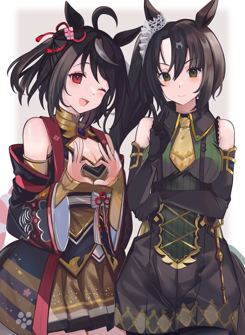 2girls ;d ahoge animal_ears bare_shoulders black_gloves black_hair black_shorts blush bob_cut brown_skirt cleavage_cutout clothing_cutout commentary_request detached_sleeves elbow_gloves flower_ornament gloves green_eyes green_sweater hair_ornament hair_ribbon heart heart_hands highres horse_ears horse_girl kitasan_black_(umamusume) long_hair looking_at_viewer multicolored_hair multiple_girls necktie one_eye_closed pleated_skirt red_eyes red_ribbon ribbed_sweater ribbon satono_crown_(umamusume) shibaebi_(yasaip_game) short_hair shorts side_ponytail simple_background skirt smile streaked_hair suspenders sweater two-tone_hair umamusume v white_background white_hair yellow_necktie