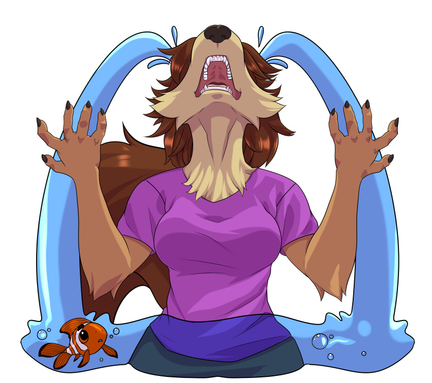 absurd_res alpha_channel anthro black_nose bodily_fluids brown_body brown_fur brown_hair bubble canid canine canis clawed_fingers claws clothed clothing clownfish crying danglebat dolores_(danglebat) domestic_dog exaggerated fangs female fish fluffy fluffy_tail fur fycroh hair hi_res mammal marine open_mouth pomacentrid purple_clothing purple_shirt purple_topwear shirt solo sticker tail tan_body tan_fur tears teeth tongue topwear