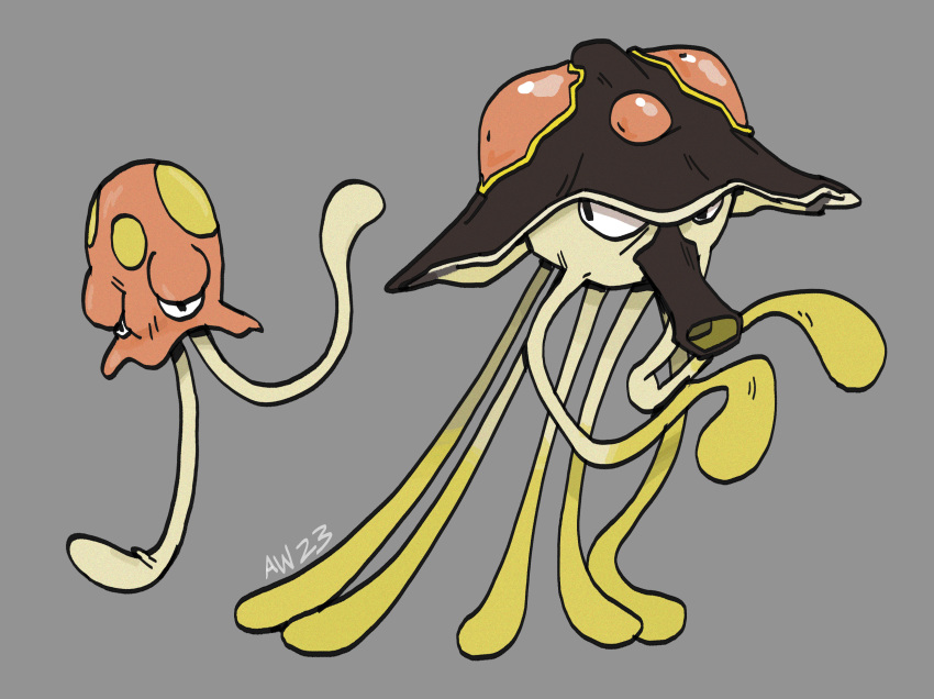 2_tentacles 7_tentacles absurd_res ambiguous_gender cnidarian corantus digital_drawing_(artwork) digital_media_(artwork) duo generation_9_pokemon grey_background hi_res jellyfish looking_at_another marine medusozoan nintendo orange_body orange_skin pale_skin pokemon pokemon_(species) signature simple_background snout tagme tentacle_legs tentacles toedscool toedscruel