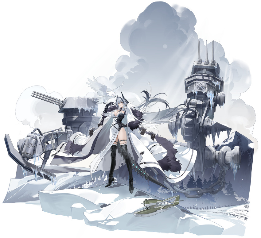 1girl absurdres artillery artist_request asymmetrical_coat asymmetrical_dress azur_lane bird black_footwear black_straps boots breasts cleavage full_body grey_hair hand_on_hip high_heel_boots high_heels highres horns ice kursk_(azur_lane) large_breasts long_hair mechanical_gloves mechanical_horns mechanical_tail non-web_source official_art owl red_eyes snow solo tail thigh_boots thigh_strap tree turret two-tone_dress very_long_hair very_long_sleeves white_bird