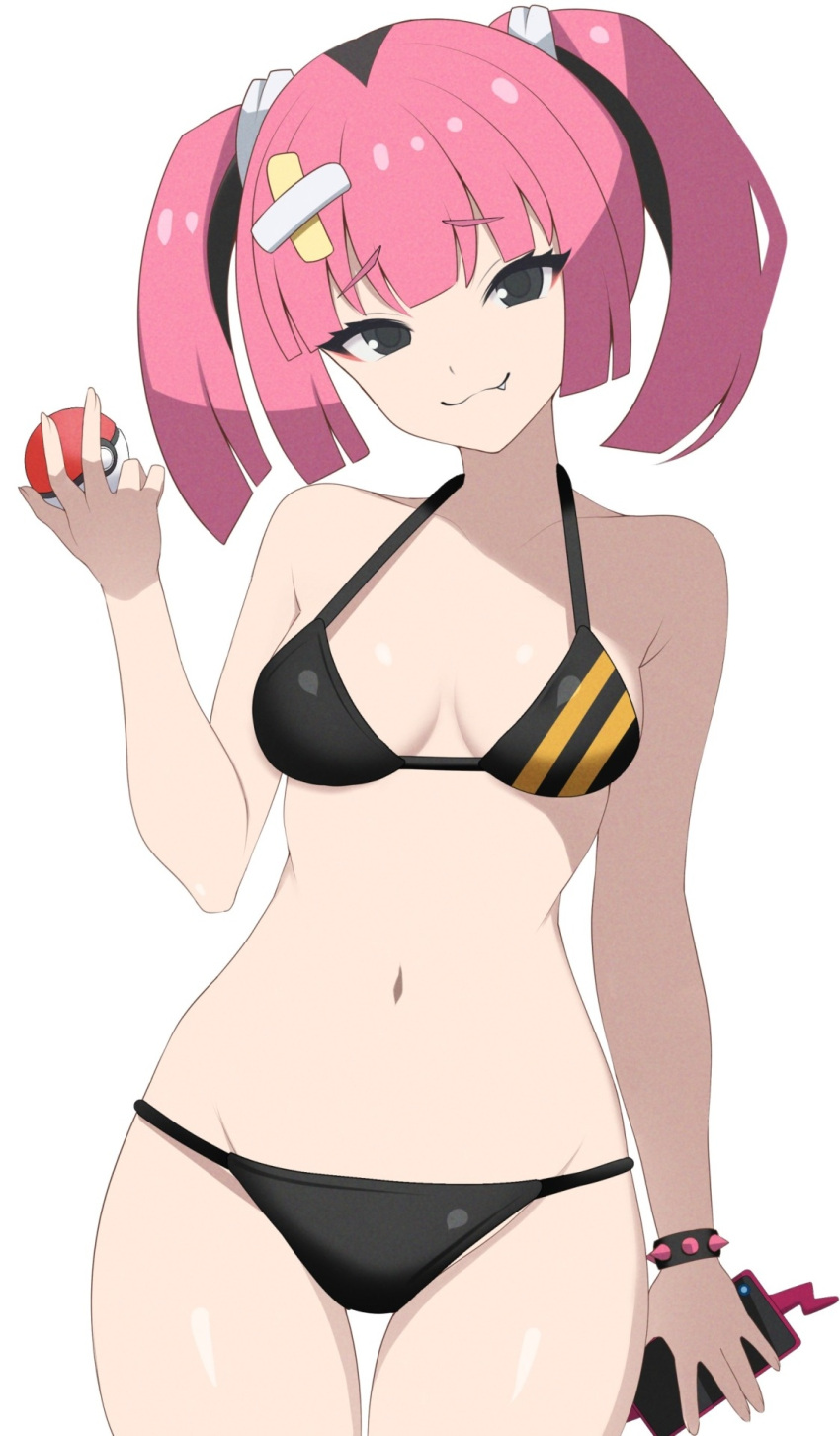 1girl alternate_costume bikini black_bikini black_eyes bracelet breasts cleavage closed_mouth commentary_request cowboy_shot eyelashes fang fang_out hair_ornament hand_up highres holding holding_phone holding_poke_ball jewelry looking_at_viewer navel phone pink_hair poke_ball poke_ball_(basic) pokemon pokemon_(anime) pokemon_horizons raised_eyebrows sango_(pokemon) simple_background smile solo surippa1010 swimsuit twintails white_background