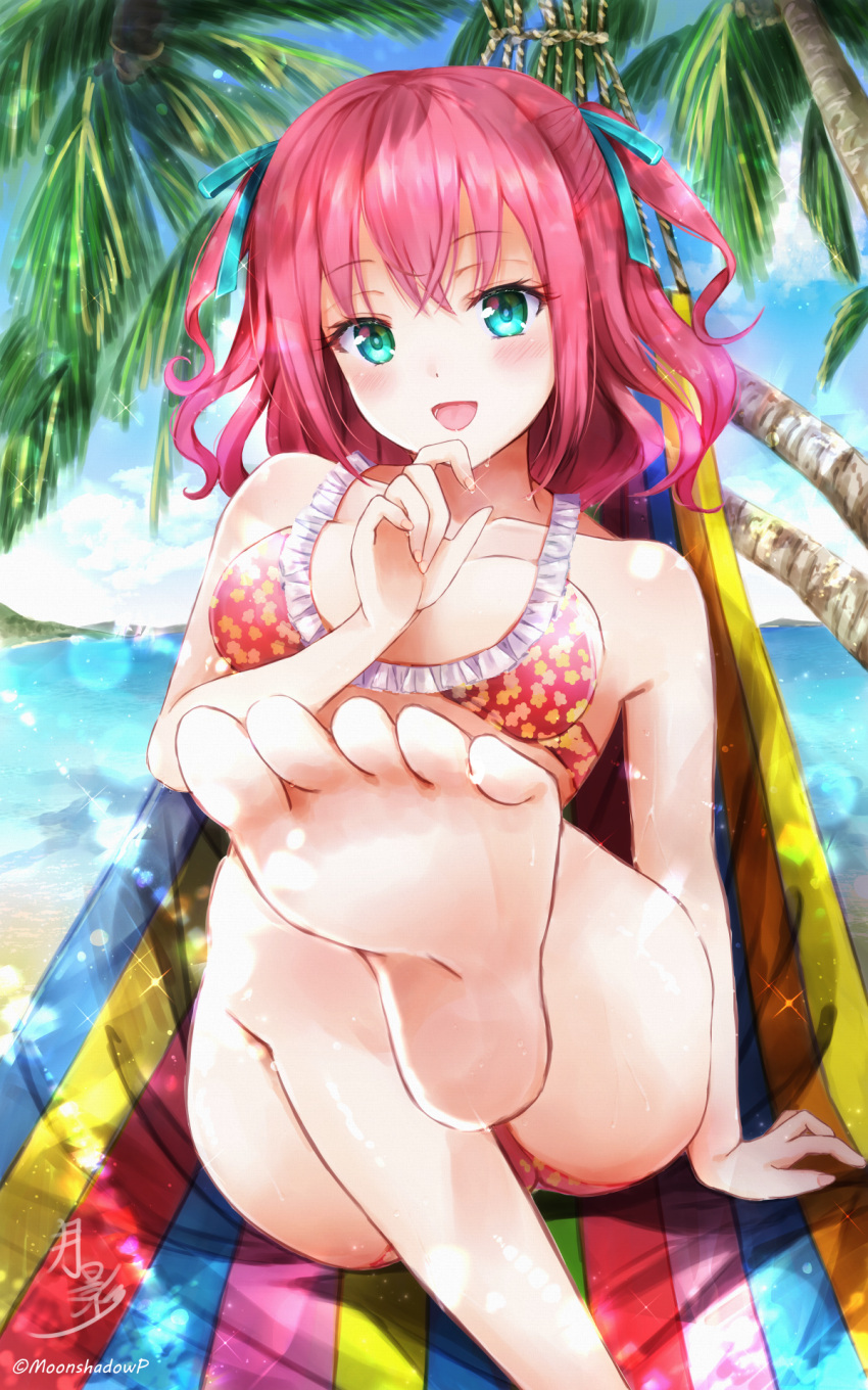 1girl :d aqua_eyes aqua_ribbon arm_at_side artist_name bare_arms bare_legs bare_shoulders barefoot beach bikini blue_sky blush breasts cloud collarbone commentary_request crossed_bangs day foot_out_of_frame foreshortening frilled_bikini frills getsuei_(moonshadowp) hair_ribbon hammock hand_to_own_mouth hand_up highres knee_up leg_up looking_at_viewer medium_breasts medium_hair ocean open_mouth outdoors palm_tree pink_bikini pink_hair reclining ribbon shoujo_kageki_revue_starlight shoujo_kageki_revue_starlight_-re_live- signature sky smile soles solo sparkle swimsuit takachiho_stella tree twitter_username two_side_up wet
