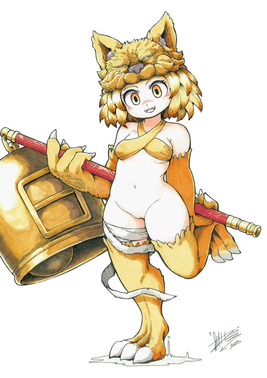 1girl absurdres animal_feet animal_hands animal_legs bell blonde_hair bottomless bra breasts commentary_request commission criss-cross_halter fox_girl fox_hat full_body groin halterneck highres holding holding_staff looking_at_viewer medium_breasts moonlight_flower navel open_mouth oratnir pussy ragnarok_online scan second-party_source short_hair signature simple_background smile solo staff standing standing_on_one_leg traditional_media uncensored underwear yellow_bra yellow_eyes yellow_fur