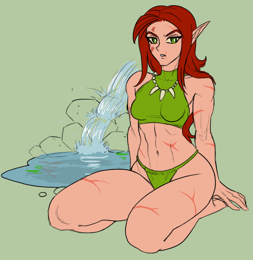 1girl abs absurdres blonde_hair elf facepaint green_eyes highres jewelry kneeling muscular muscular_female necklace pointy_ears ratopomboart red_hair scar tank_top the_elder_scrolls the_elder_scrolls_iii:_morrowind tomboy toned turtleneck water waterfall