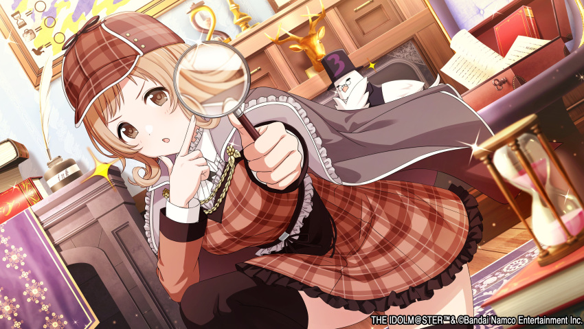1girl :o absurdres alternate_hairstyle bird blouse blush brown_dress brown_eyes brown_hair brown_headwear brown_thighhighs coat collar collared_shirt commentary_request deerstalker detective dress dutch_angle foreshortening frilled_collar frills game_cg hand_on_own_chin hat highres holding holding_magnifying_glass hourglass idolmaster idolmaster_shiny_colors imassc_official kneeling light_brown_hair looking_at_viewer magnifying_glass medium_hair official_art open_clothes open_coat parted_lips plaid sakuragi_mano shirt solo sparkle stroking_own_chin thighhighs v-shaped_eyebrows