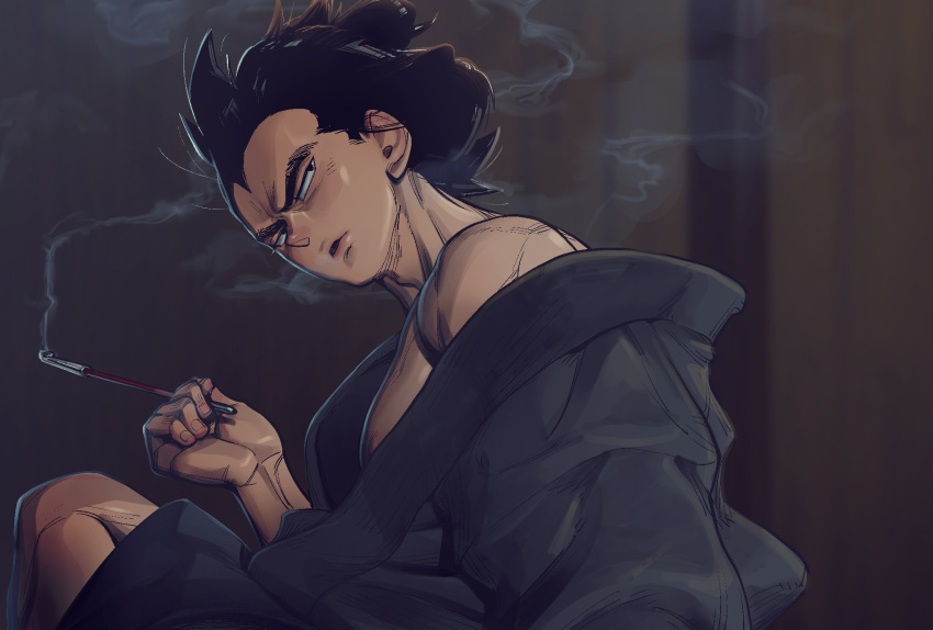 1boy alternate_hairstyle bara bare_pectorals black_kimono dark_room dragon_ball dragon_ball_z feet_out_of_frame flaring hair_bun hand_up head_tilt highres holding holding_smoking_pipe japanese_clothes kimono limp_wrist_(meme) lips looking_to_the_side male_focus meme muscular muscular_male naked_kimono off_shoulder open_mouth pectorals receding_hairline short_hair sideburns sitting smoke smoking smoking_pipe solo spiked_hair supobi thick_eyebrows turning_head vegeta