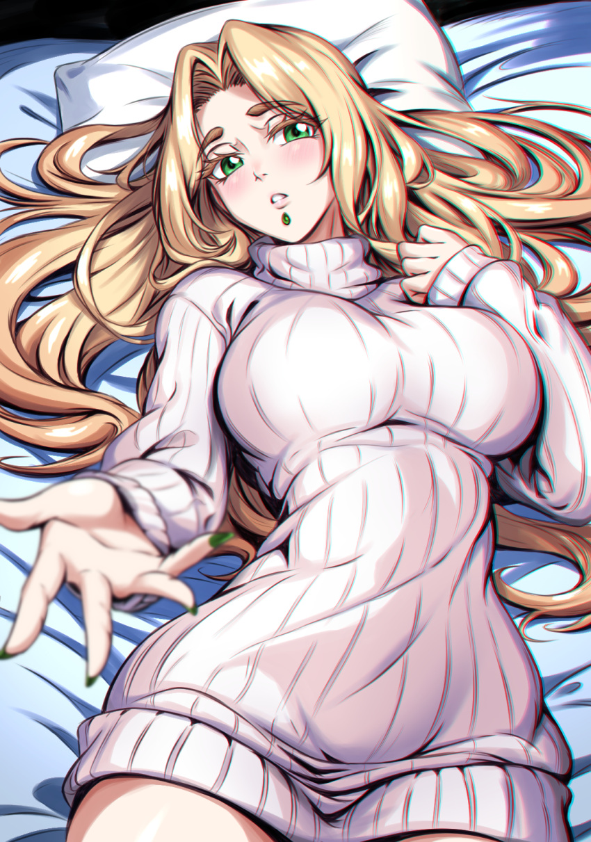 1girl blonde_hair breasts chin_piercing commission english_commentary fate/grand_order fate_(series) green_eyes green_nails highres large_breasts long_hair long_sleeves looking_at_viewer lying on_back on_bed pillow quetzalcoatl_(fate) ribbed_sweater solo sweater turtleneck turtleneck_sweater white_sweater zantyarz