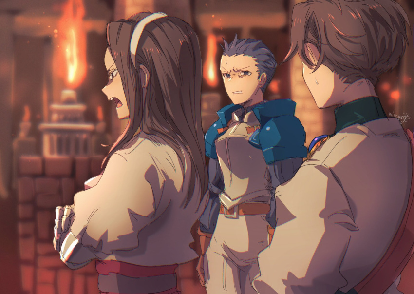 1girl 2boys armor belt brown_hair catiua_powell denim_powell fire gloves highres long_hair miyama_(lacrima01) multiple_boys open_mouth short_hair tactics_ogre vice_bozeg