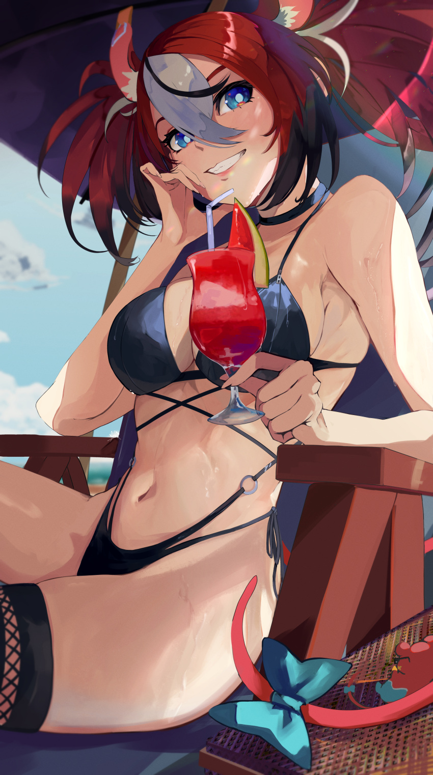 1girl absurdres animal_ear_fluff animal_ears bikini black_bikini black_hair blue_bow blue_eyes bow chair commentary cup drinking_straw grin hair_between_eyes hakos_baelz highres holding holding_cup hololive hololive_english looking_at_viewer lounge_chair mouse_ears mouse_girl mouse_tail moyomo mr._squeaks_(hakos_baelz) multicolored_hair navel outdoors red_hair sitting smile streaked_hair swimsuit tail tail_bow tail_ornament twintails virtual_youtuber wet white_hair