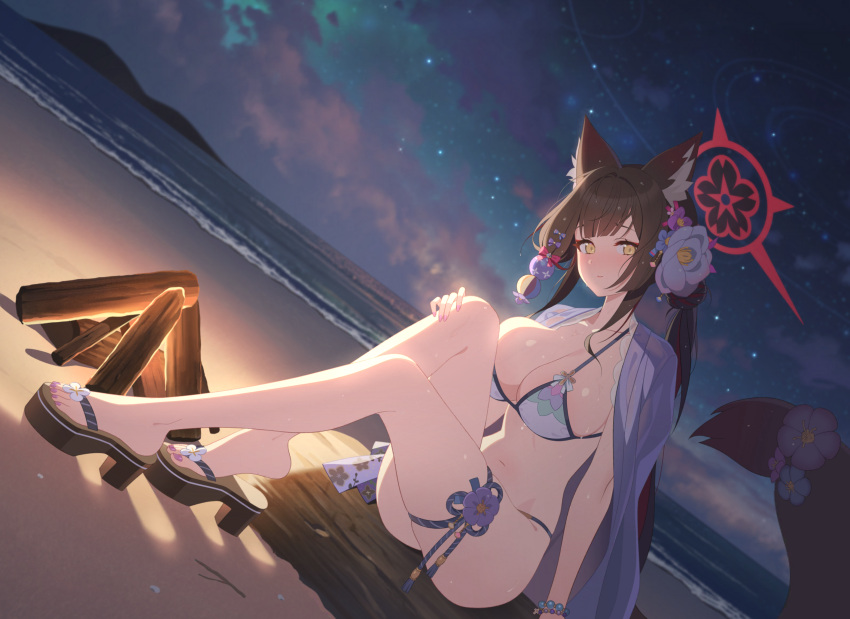 1girl absurdres ahoge animal_ear_fluff animal_ears artist_request beach bead_bracelet beads bikini blue_archive blunt_bangs blurry blurry_background blush bonfire bracelet breasts brown_hair cloud cloudy_sky collarbone colored_inner_hair cross eyeshadow feet fire flower flower_bikini fox_ears fox_girl fox_tail game_cg gradient_hair hair_flower hair_ornament halo hand_on_own_knee heel_up highres hime_cut jewelry large_breasts looking_at_viewer makeup mountainous_horizon multicolored_hair nail_polish navel non-web_source ocean official_alternate_costume official_art platform_footwear ponytail purple_shawl red_eyeshadow red_hair red_halo sandals see-through_shawl shawl sitting_on_rock sky solo star_(sky) starry_sky string_bikini swimsuit tail tail_flower tail_ornament thigh_strap thighs toenail_polish toenails two-tone_hair wakamo_(blue_archive) wakamo_(swimsuit)_(blue_archive) wet white_bikini yellow_eyes