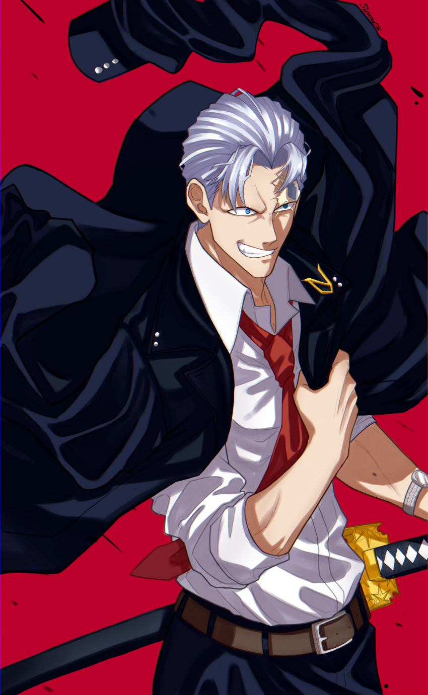 1boy absurdres andy_(undead_unluck) artist_name belt blue_eyes grey_hair grin highres jacket jacket_removed katana male_focus necktie red_background red_necktie scar scar_on_face scar_on_forehead shirt shishiruto short_hair smile solo standing sword undead_unluck watch weapon white_shirt wristwatch